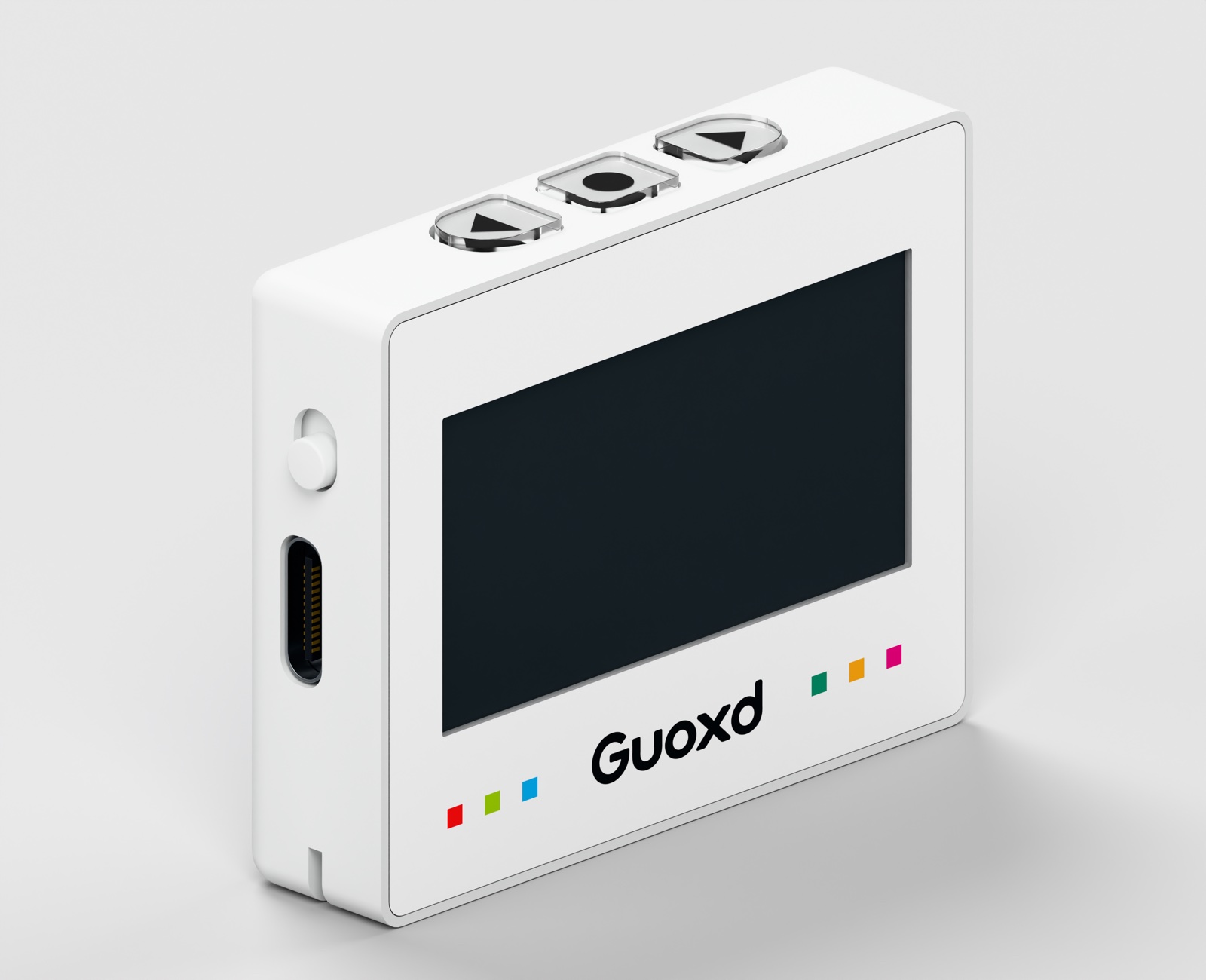 Guoxd V1 in white, showing its screen, navigation buttons and USB-C charging port